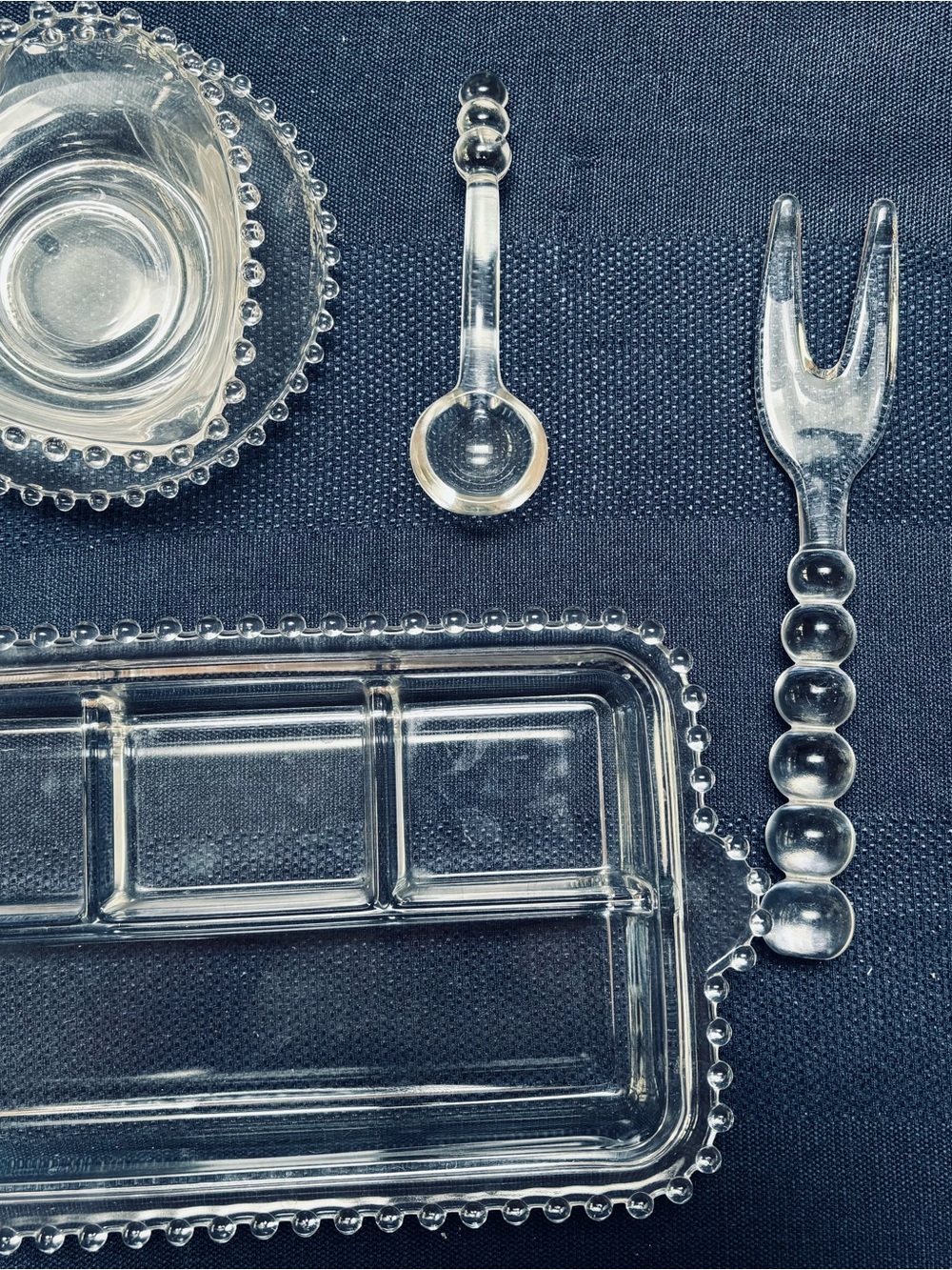 Imperial Candlewick Serving Set - Compartment Tray & and glass utensils.